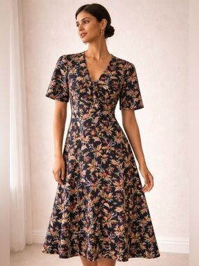 Monsoon Navy Floral Collared Midi Dress